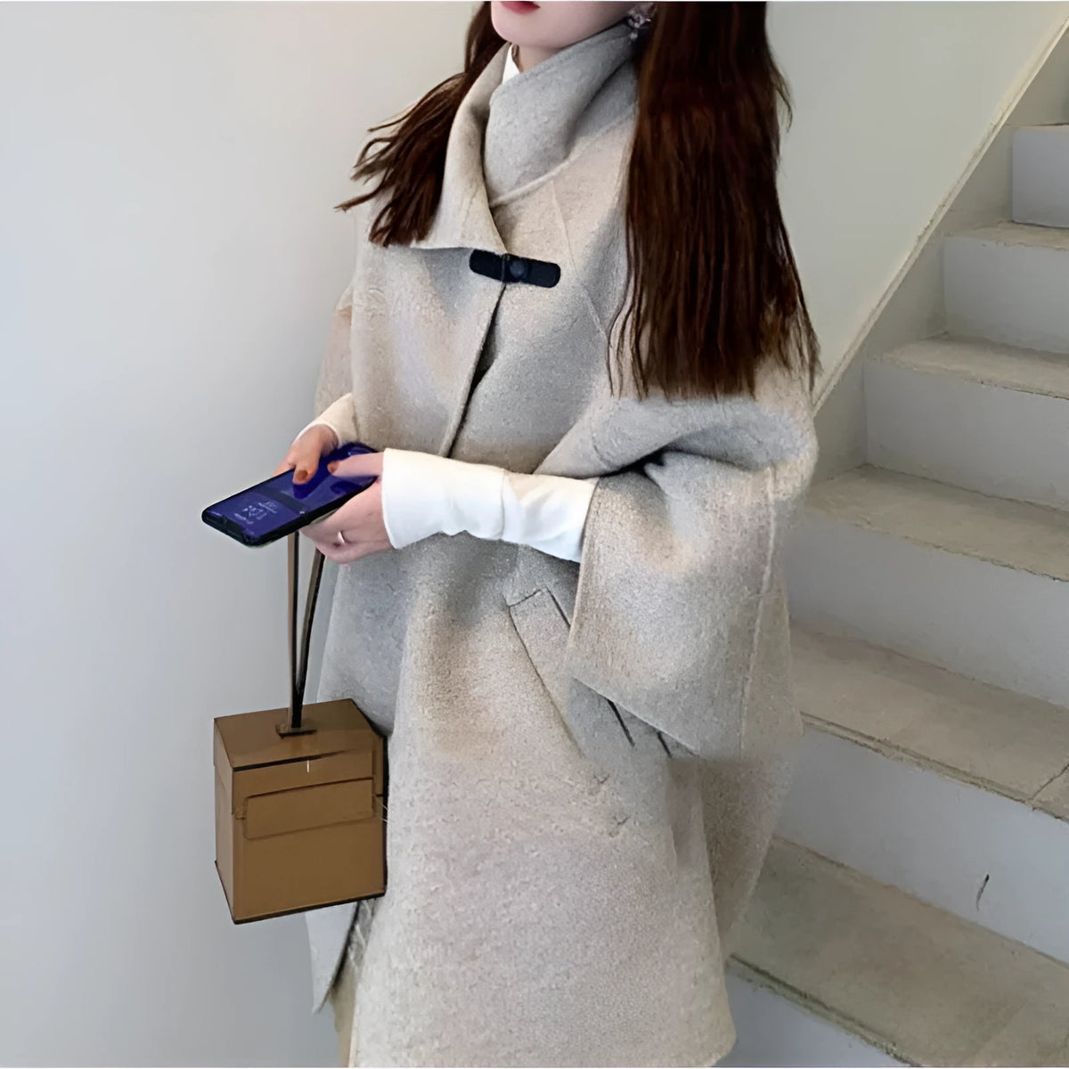 Women's Japanese Korean style coat with flight sleeves in oatmeal colour autumn winter wear
