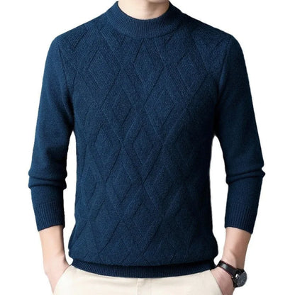 Men's thick winter pullover sweater with diamond jacquard pattern in a light camel colour.