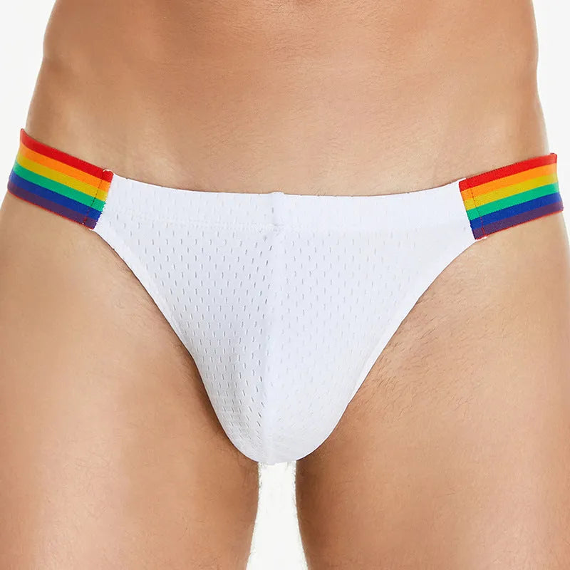 Men's black nylon mesh briefs with a low waist and multicoloured rainbow waistband