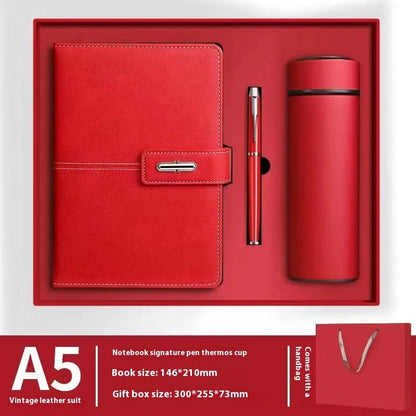 A5 notebook with imitation leather cover in colour options including black, red, green, blue, and orange.