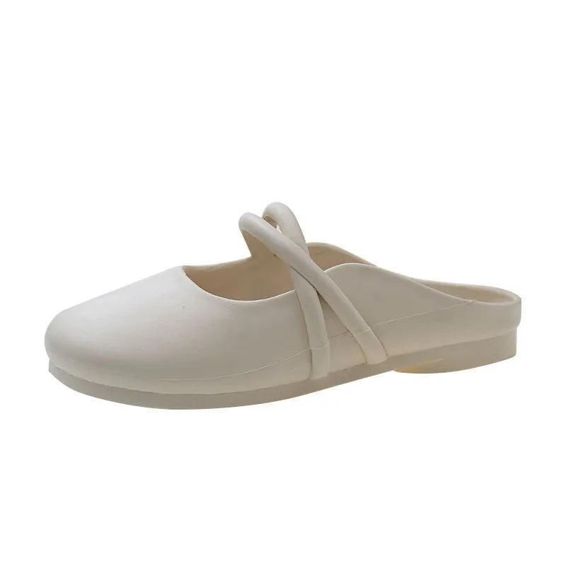 Women's baotou plastic flip-flop sandals in beige colour on a white background