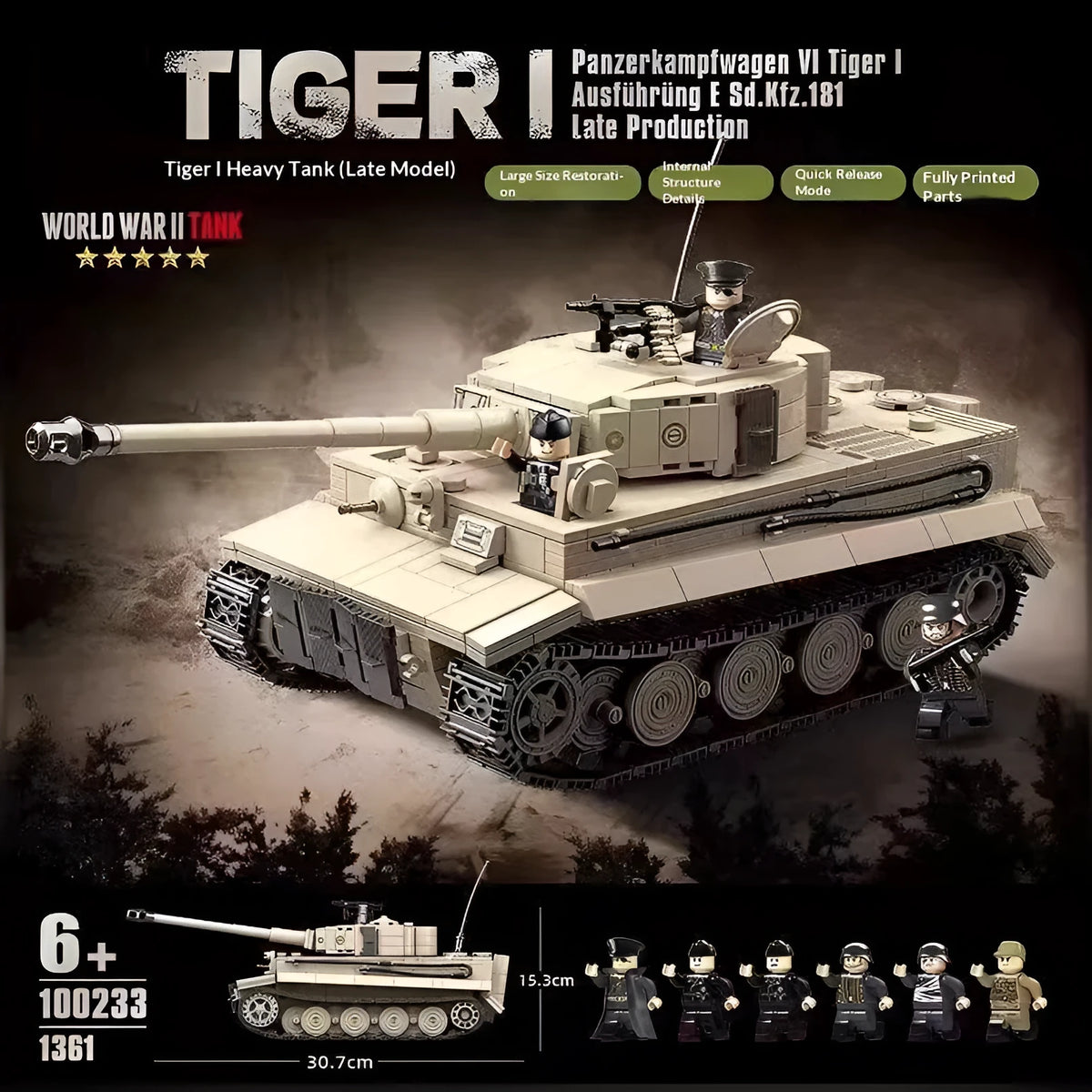 German Tiger I Heavy Tank building blocks set with 1,361 small plastic and rubber particles for ages 7-14