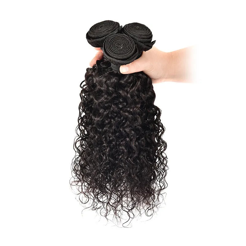 Real human hair water wave extensions in natural colours displayed at various lengths.
