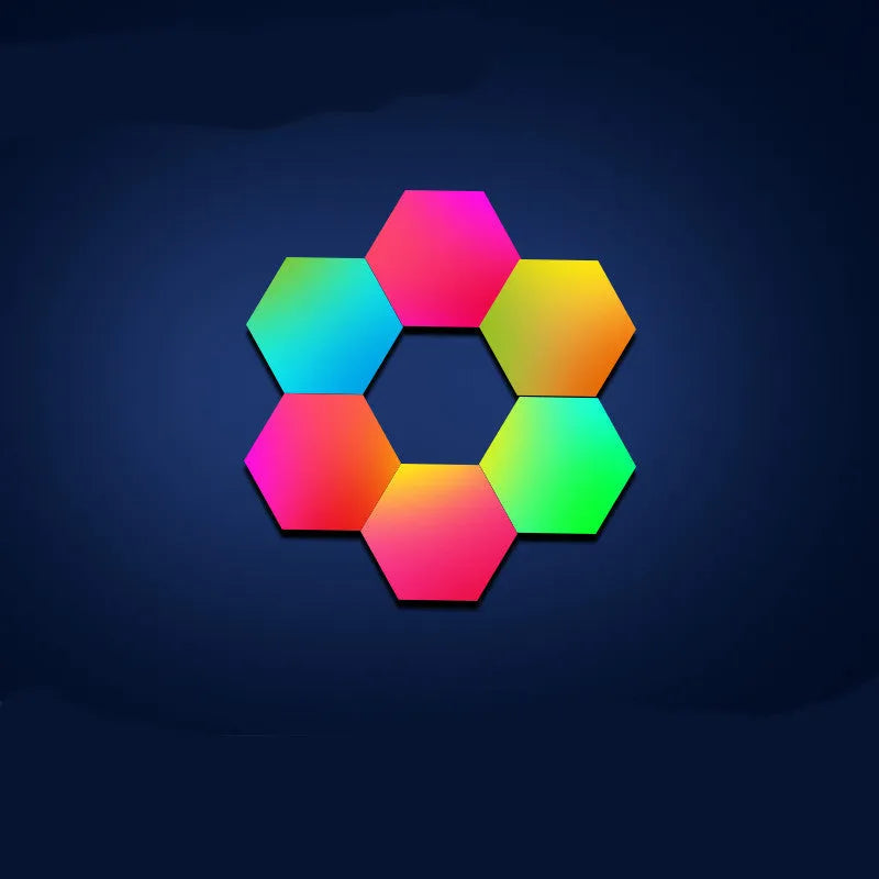 Hexagonal LED wall lamp with colour-changing quantum light panels, remote control, and 5V2A USB plug for bedroom or gaming room walls