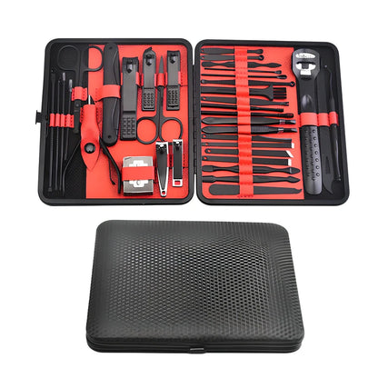 Beauty and manicure nail care kit with stainless steel tools in PU leather case showing multiple grooming implements