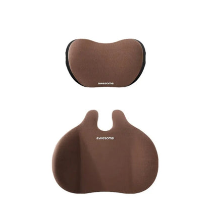 Car headrest and lumbar support pillow set in fabric with cotton filling.