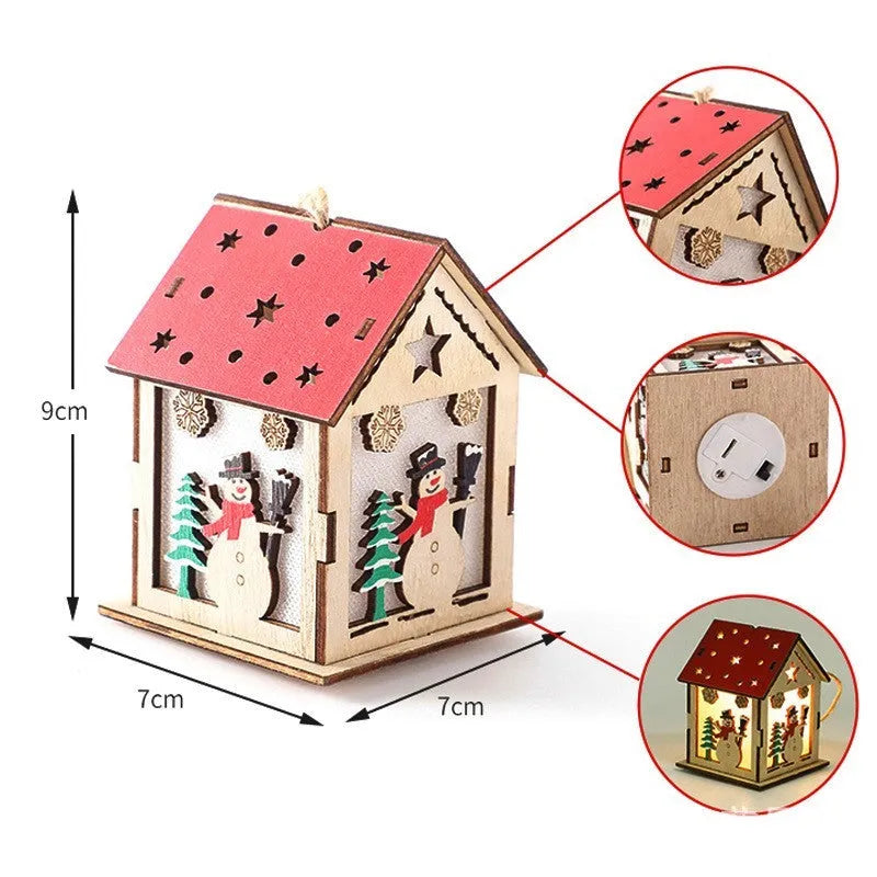 Wooden festive pendant with LED illumination in snowman, Santa Claus, or elk design measuring 7cm by 7cm by 9cm