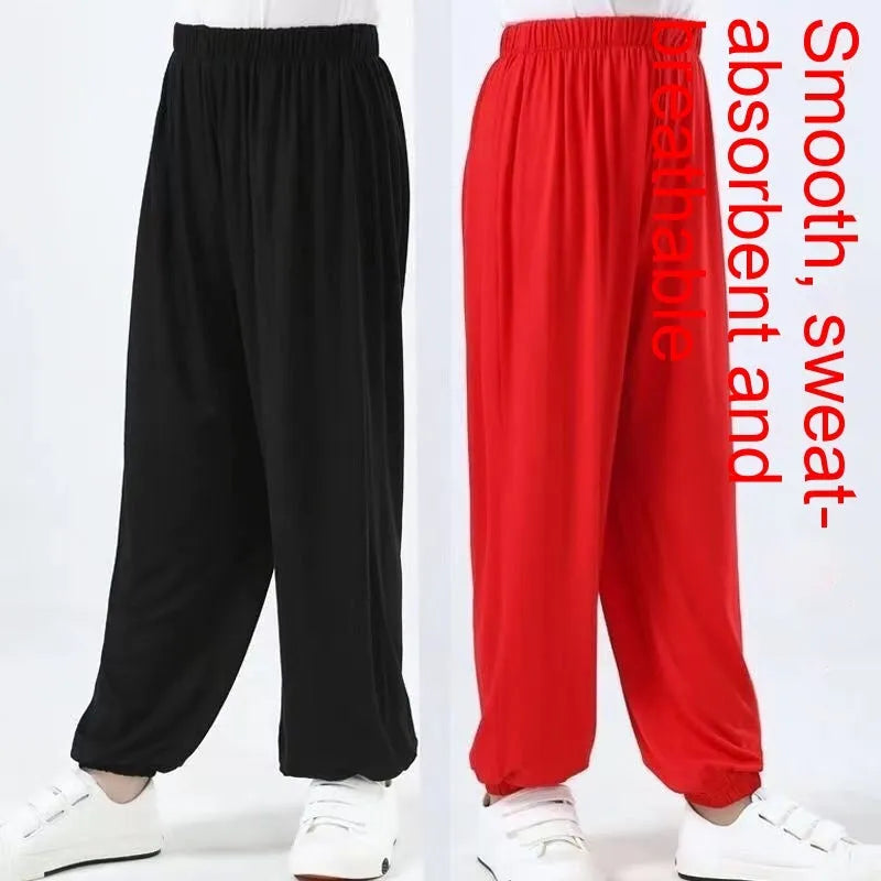 Children's practice pants with high elasticity for Sanda martial arts training, made from Lycra and spandex lining for flexibility and comfort, available in black, red or white with Asian sizing from 100 to 170 cm.