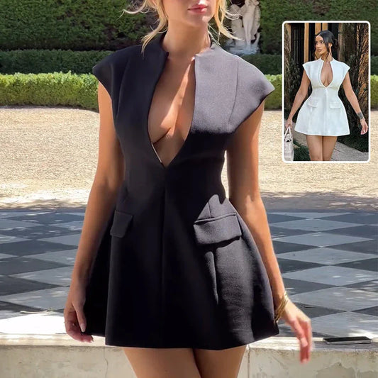 Stylish A-Line Dress with Deep V-Neck in Black and White Colors