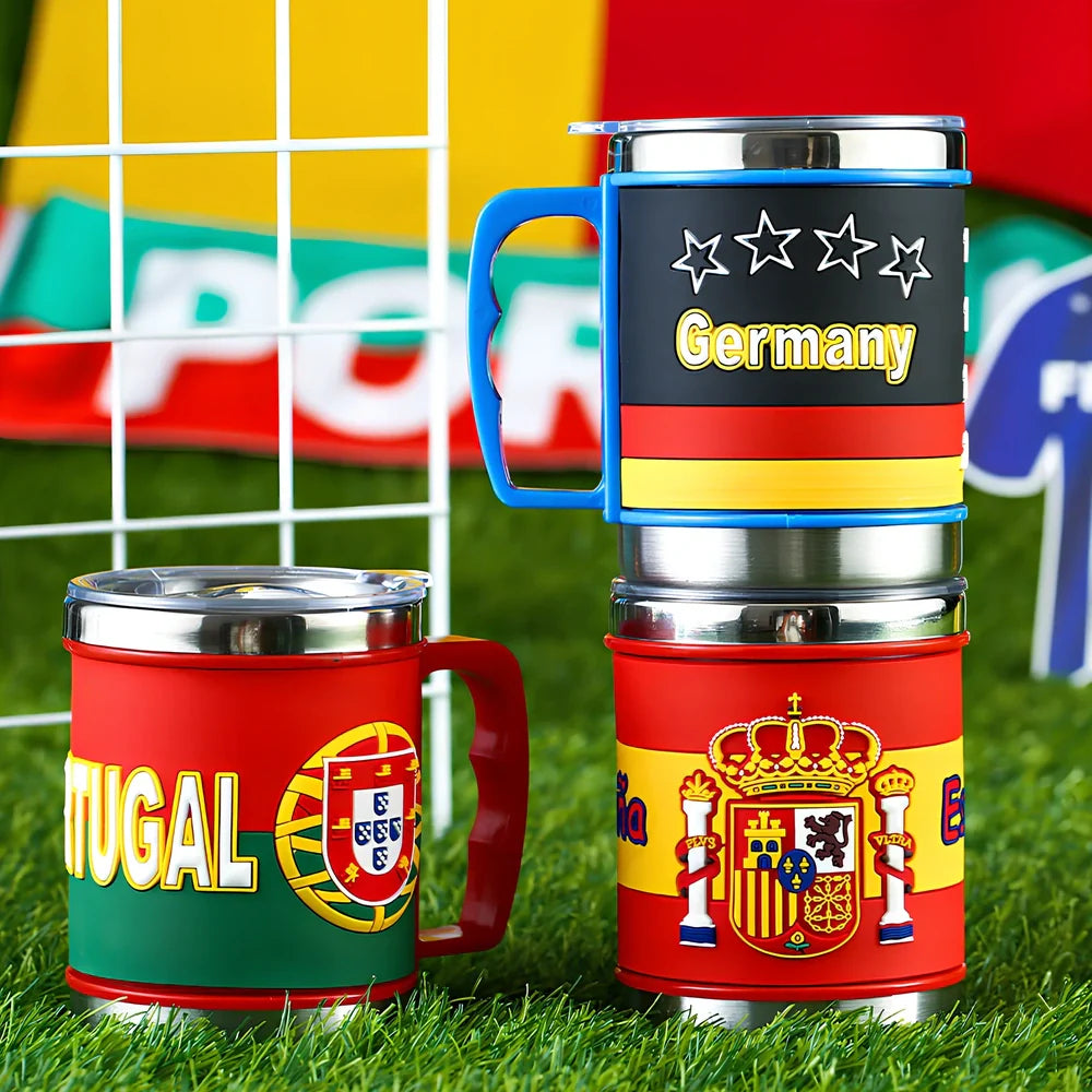 World Cup football mug with 7.6cm diameter and 10.5cm height in team colours
