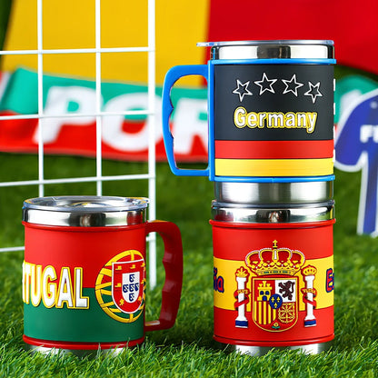 World Cup football mug with 7.6cm diameter and 10.5cm height in team colours