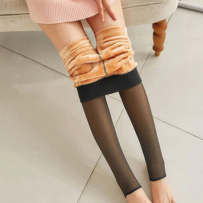Cozy fleece-lined tights in various colors, featuring a unique translucent design and high-waisted fit for warmth and style.
