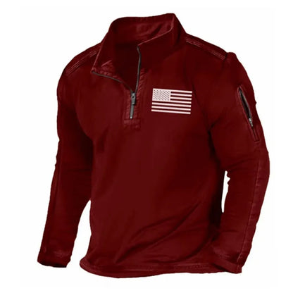 Men's zip-front sweater with stand collar in polyester fibre, showing full-length zip and long sleeves