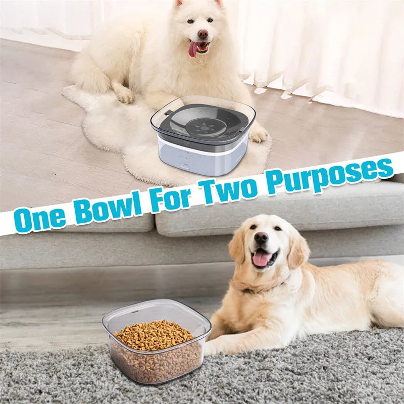 Transparent 70oz dog water bowl with floating disk, showing water level indicator and non-slip base
