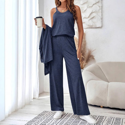 Solid blue three-piece suit with trousers, top, and suspenders in Japanese and Korean casual style