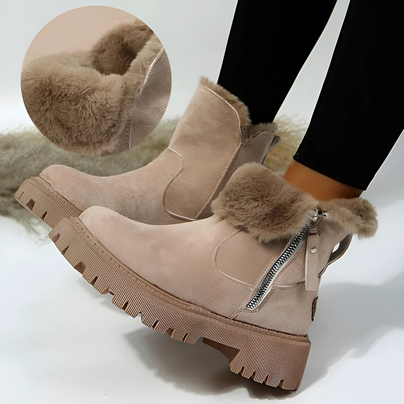 Women's black faux suede high-top snow boots with a side zipper and fur-lined collar.