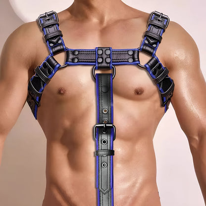 Blue and black leather party shoulder strap with metal buckle rivet and adjustable binding