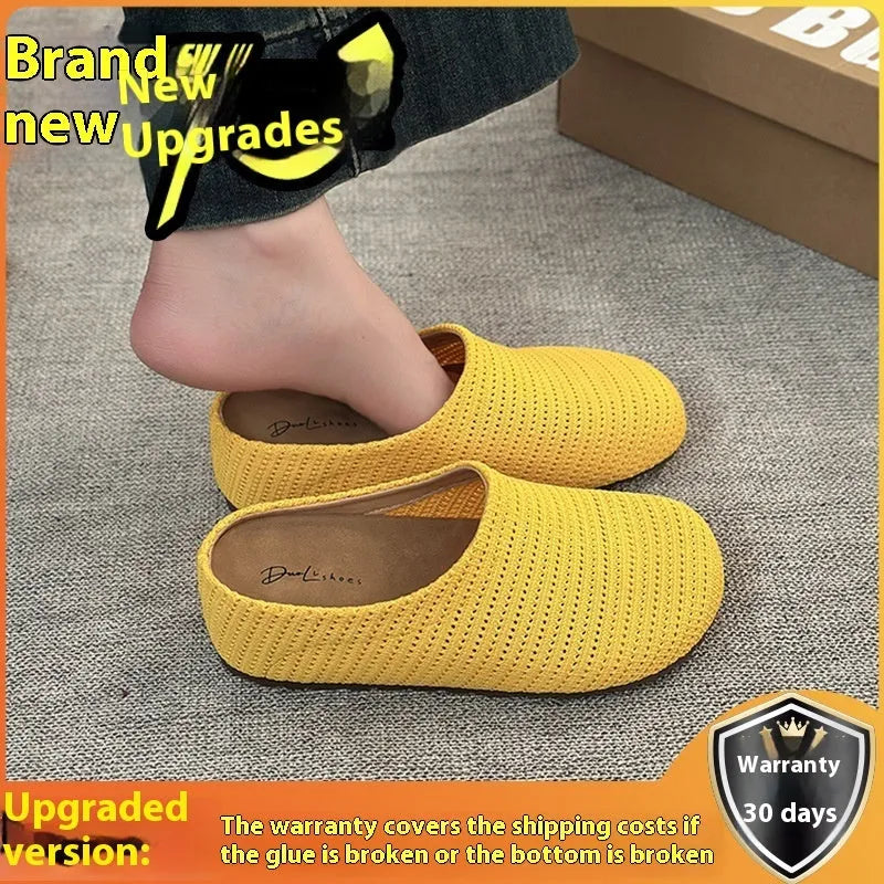 Baotou Boken women's cloth upper slippers with rubber sole in beige, shown in a leisure setting.