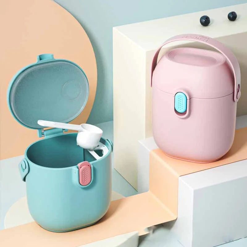 Large portable airtight baby milk powder container with scoop in peacock blue, olive green, and rouge powder