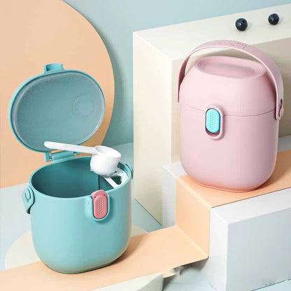 Large portable airtight baby milk powder container with scoop in peacock blue, olive green, and rouge powder