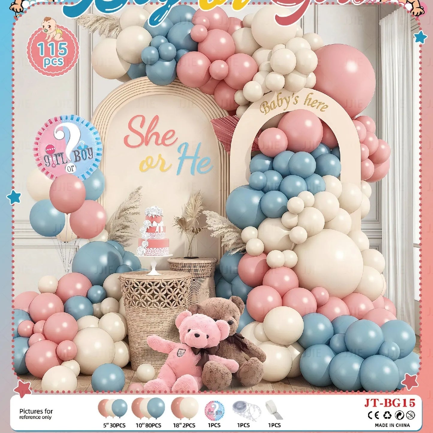 Baby gender reveal balloon decoration suit with metallic aluminium film balloons in pink and blue
