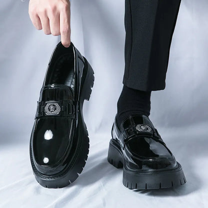 Men's black glossy platform loafers with hidden heel for summer casual wear