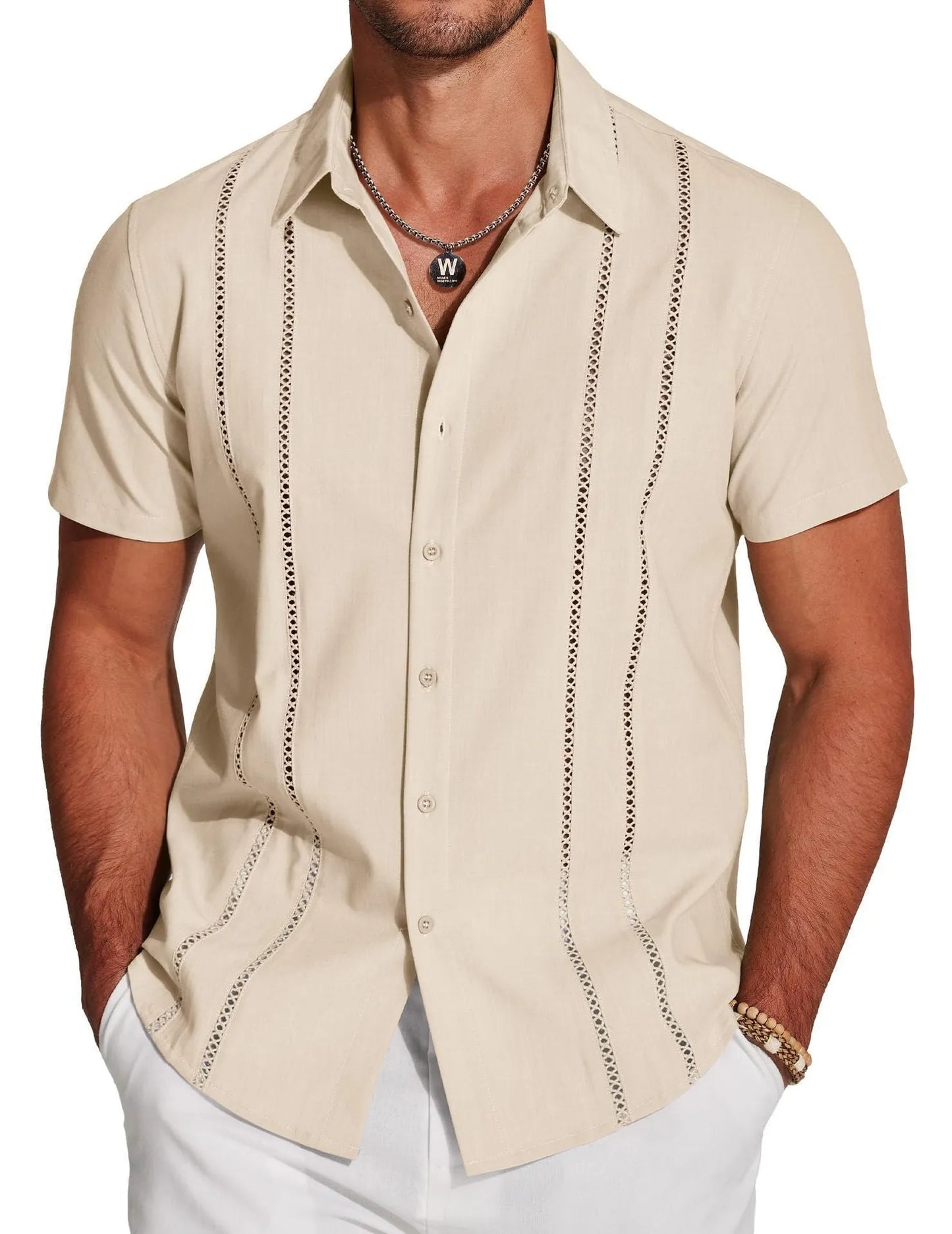 Men's slim fit Hawaiian short sleeve shirt with digital printed pattern on polyester fabric