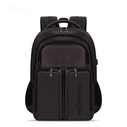 Large capacity canvas travel backpack 56-75L in black with chain and splicing detail