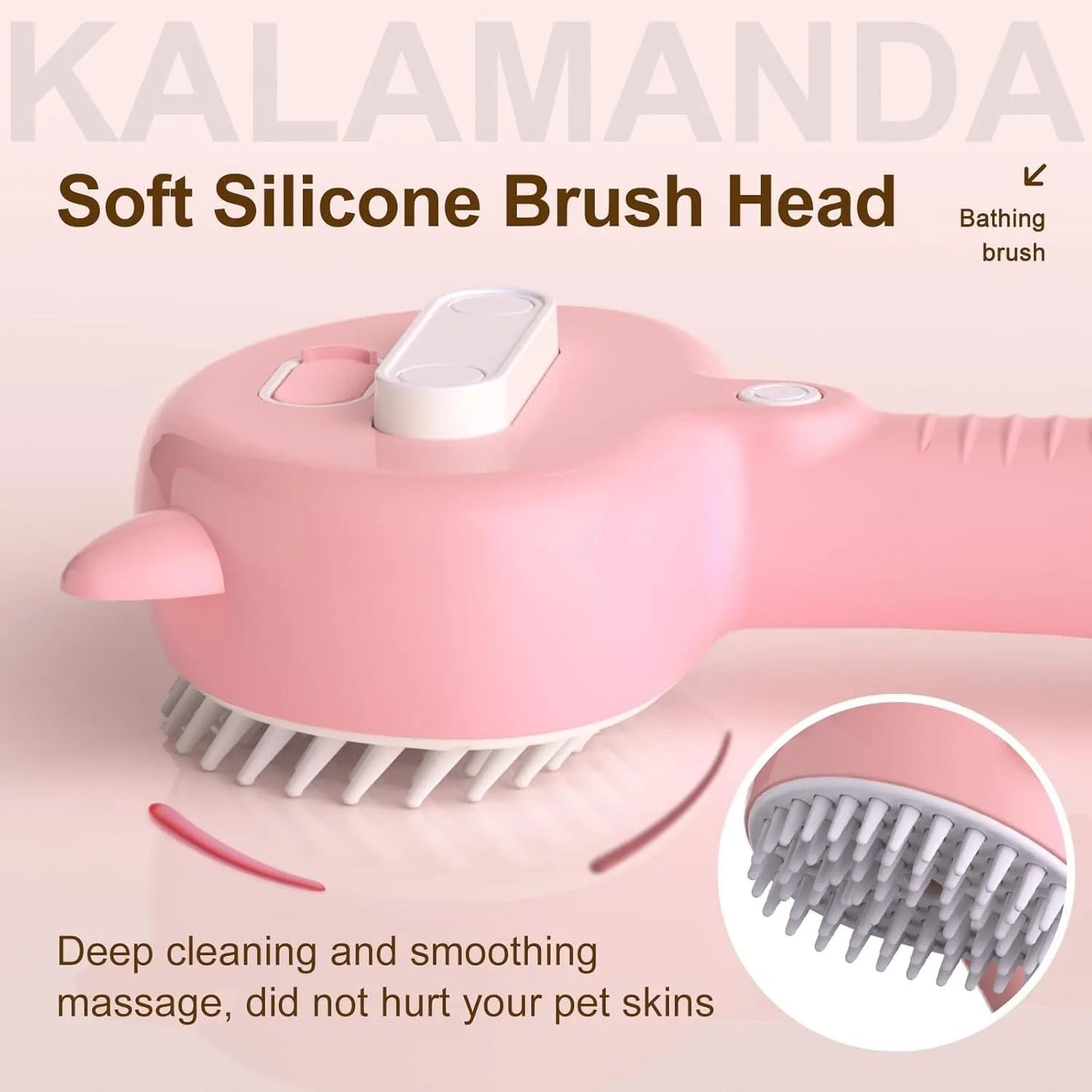 Cat ear-shaped steam brush with blue handle, rubber bristles, and release button for pet grooming