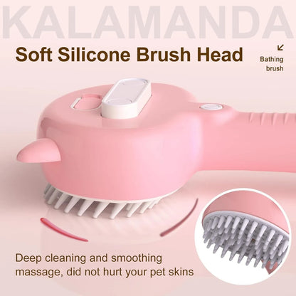Cat ear-shaped steam brush with blue handle, rubber bristles, and release button for pet grooming