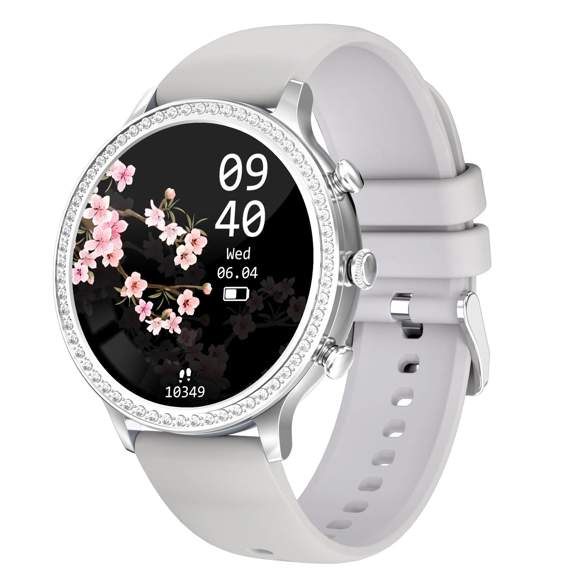 Women's smartwatch with Bluetooth calling on a silicone strap, showing gold and silver colour variants.