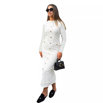 French retro slim fit knitted long-sleeved dress with button front detail in black