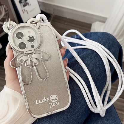 Electroplating glitter phone case with lucky bear bracket and crossbody bag element in Dark Night Purple, Gold or Pink