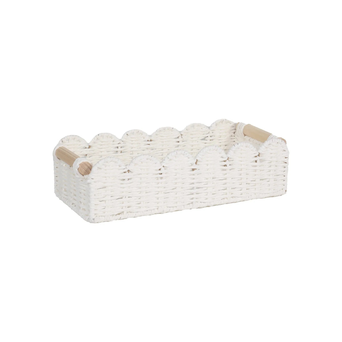 Woven paper storage basket in khaki colour, dimensions 35.5x16x10cm, on a desktop with remote controls and stationery