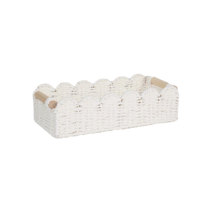 Woven paper storage basket in khaki colour, dimensions 35.5x16x10cm, on a desktop with remote controls and stationery