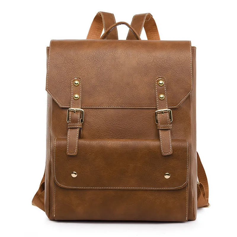 Korean style retro simple backpack in brown colour showing PU material and ventilation design