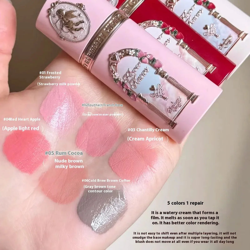 Strawberry Cupid series liquid blush cream blush for natural complexion improvement with six colour shades from 01 to 06 providing easy to colour application suitable for all skin types