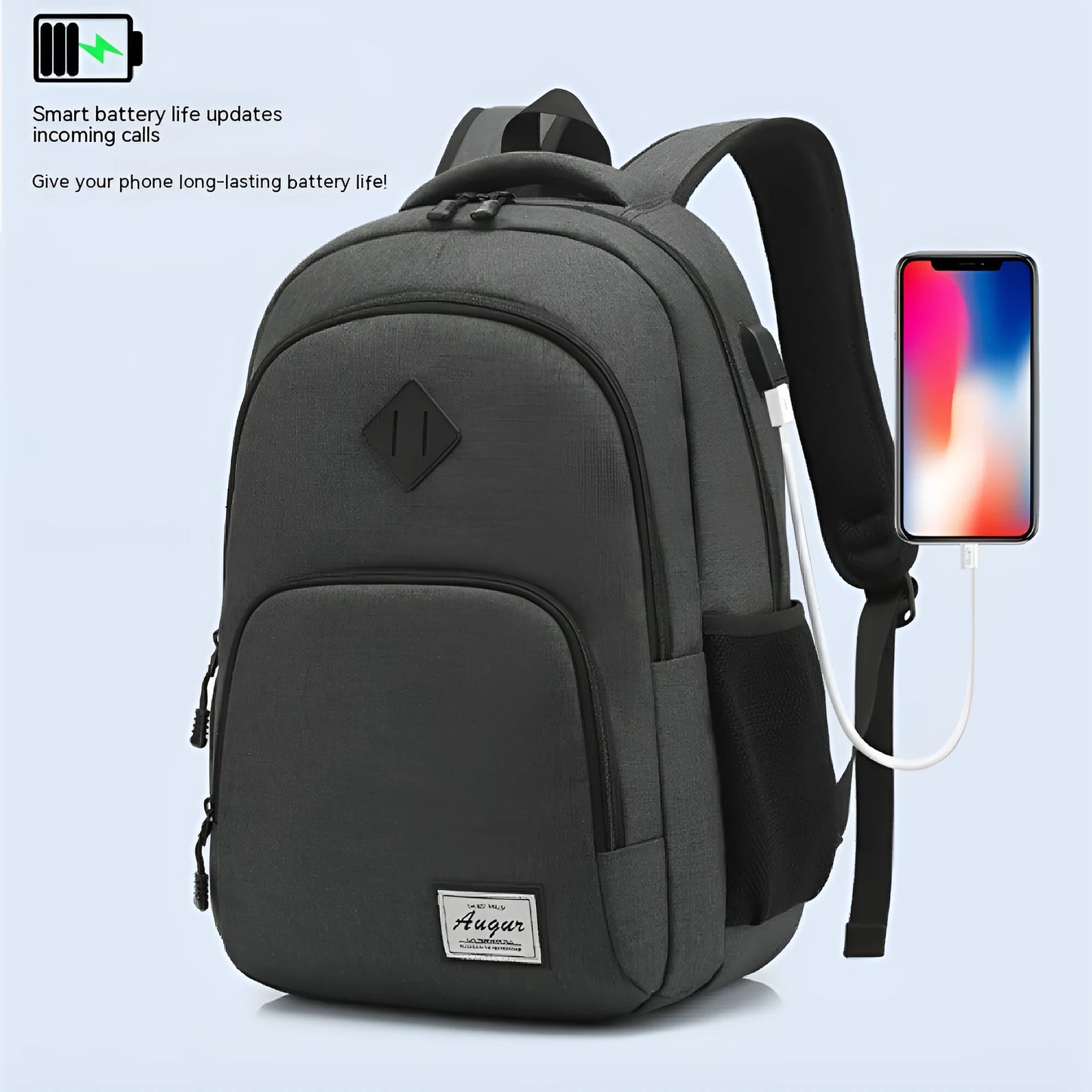 Grey lightweight backpack with USB charging port on shoulder strap.