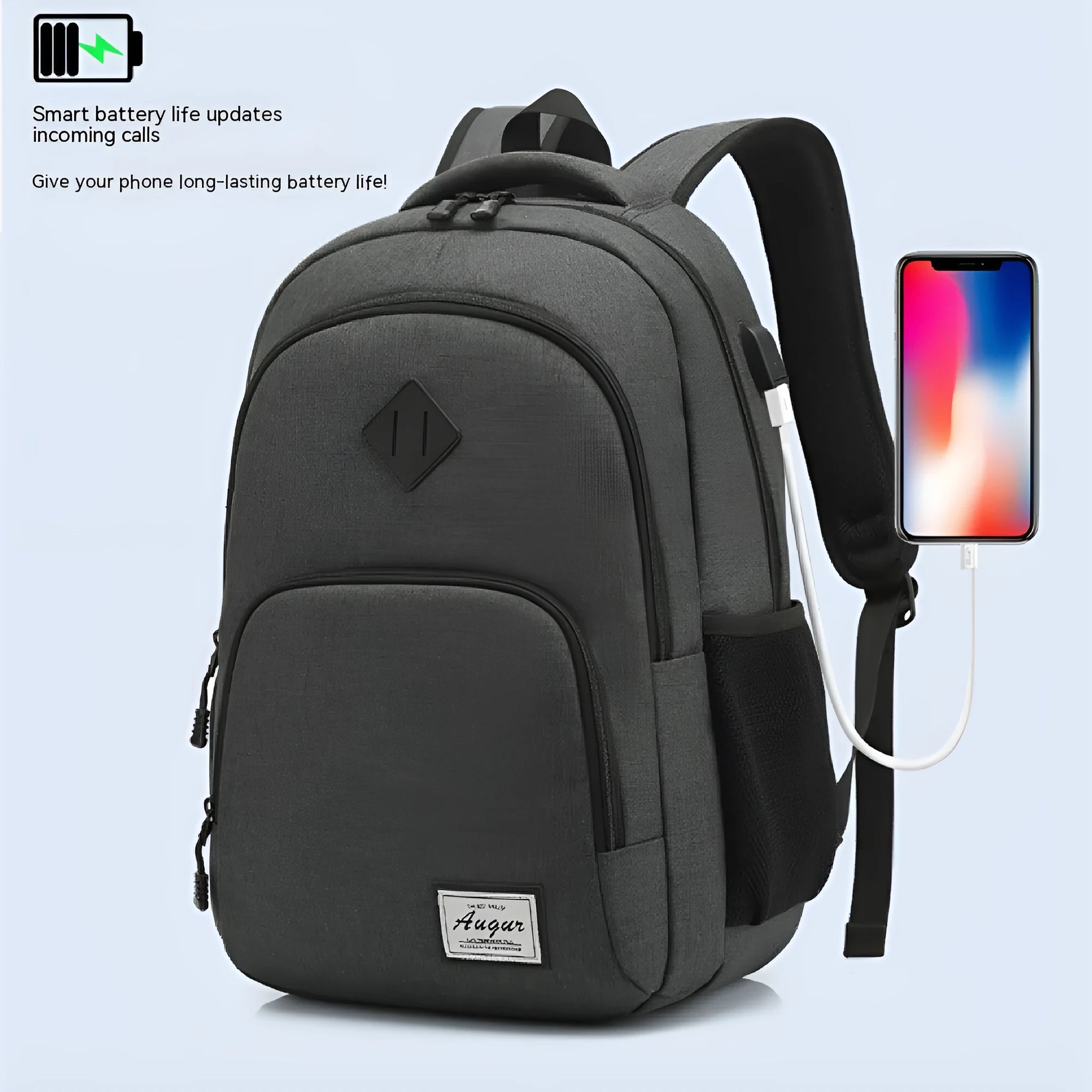 Grey lightweight backpack with USB charging port on shoulder strap.