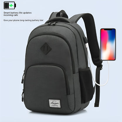 Grey lightweight backpack with USB charging port on shoulder strap.