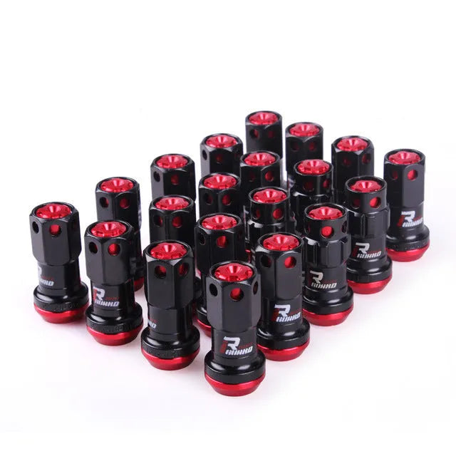 Set of aluminium alloy wheel hub nuts in various colours including red, gold, blue, purple and black combinations