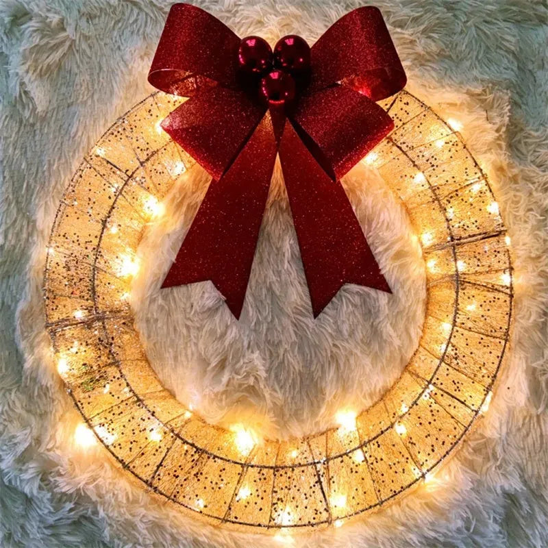 50cm gold and green LED Christmas wreath with fabric bowknot decoration