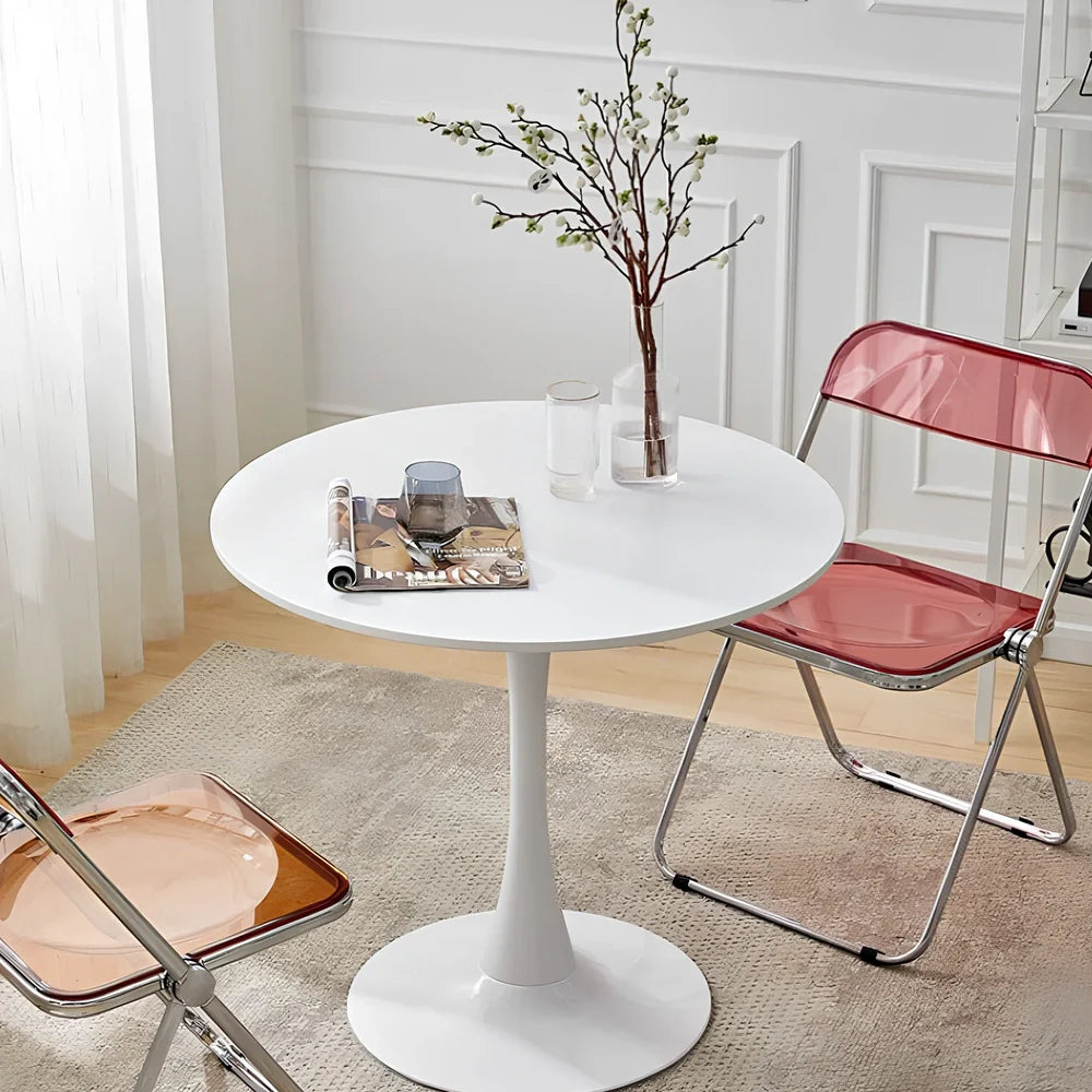 Scandinavian style conference table with folding chairs in white finish, 60cm diameter