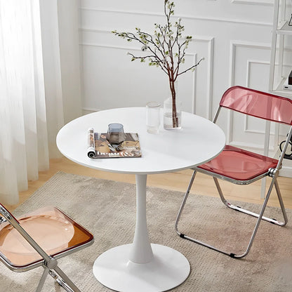 Scandinavian style conference table with folding chairs in white finish, 60cm diameter