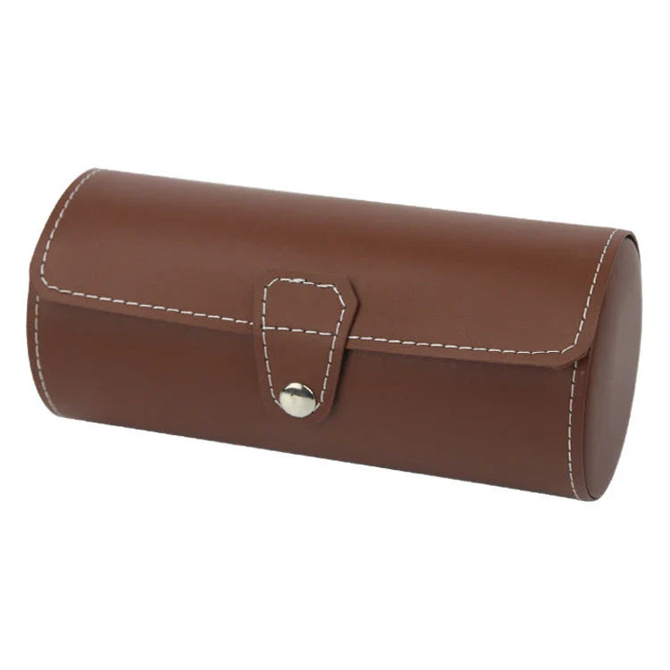 Premium leather watch storage organizer with multiple slots for securely storing and protecting watches while traveling or for business use