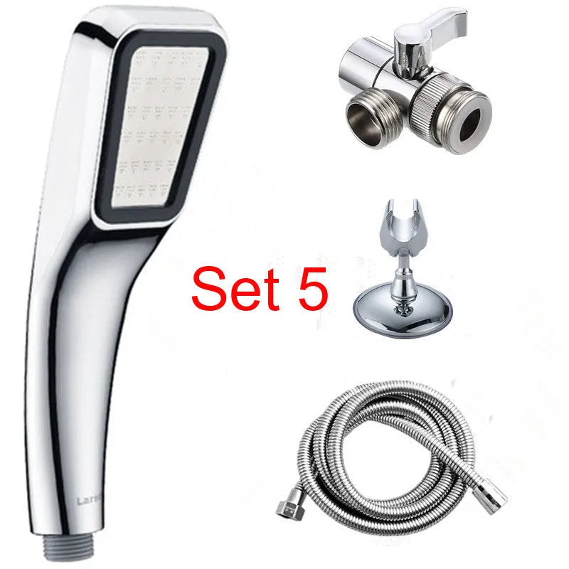 Orange hand-held pressurised shower head with rain function and attachment pieces