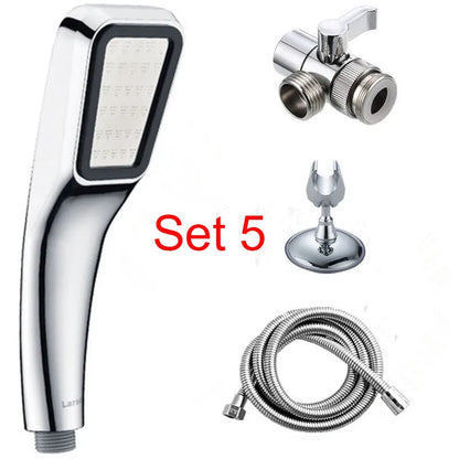 Orange hand-held pressurised shower head with rain function and attachment pieces