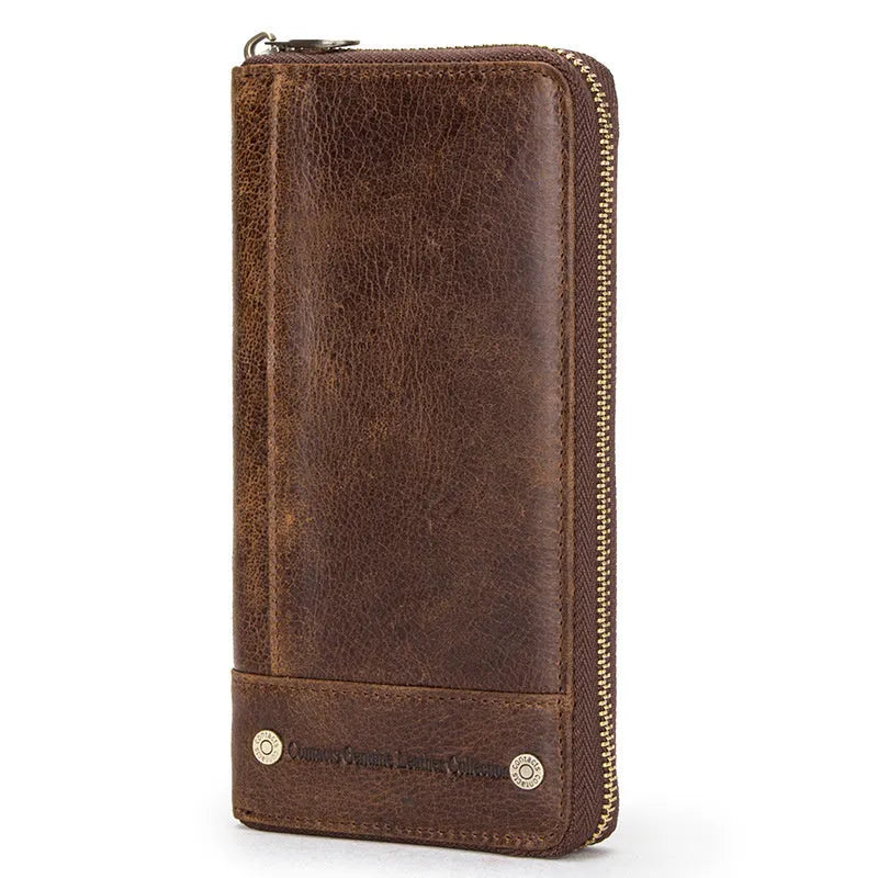 Men's brown genuine leather anti-theft wallet with zipper closure and card swiping function