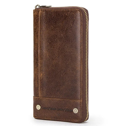 Men's brown genuine leather anti-theft wallet with zipper closure and card swiping function
