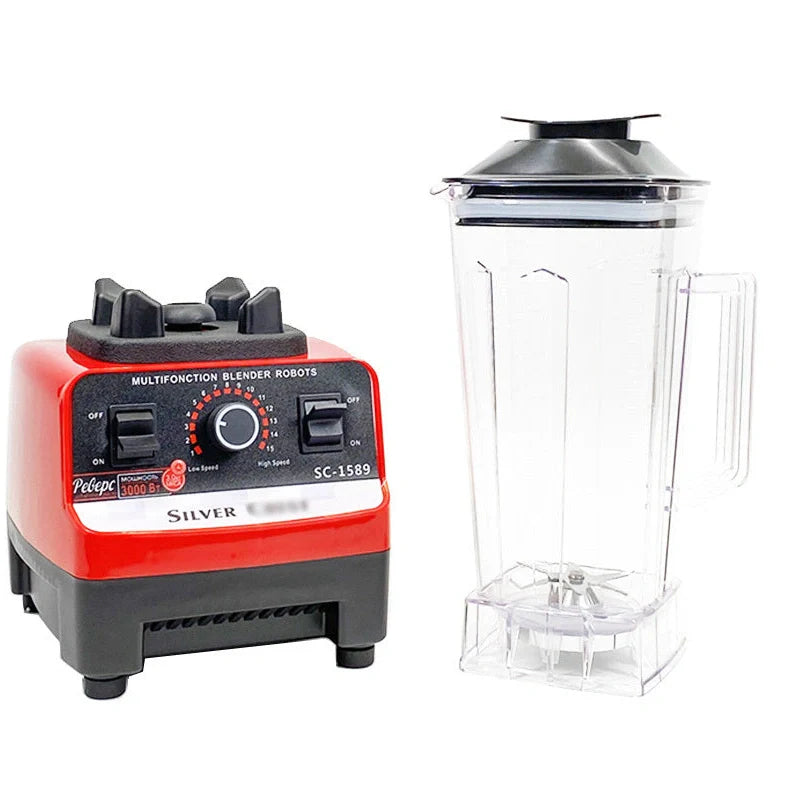 Red multifunctional juicer blender with 3000W motor, container, and base for kitchen food processing